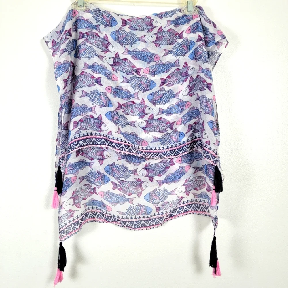 Charming Charlie Fish Pattern Sheer Scarf with Tassels 21